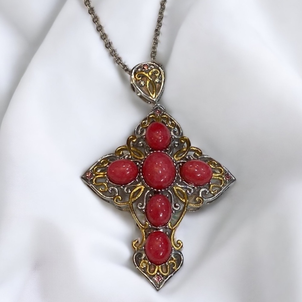 Stunning Pink Cabochon Stones Cross Necklace